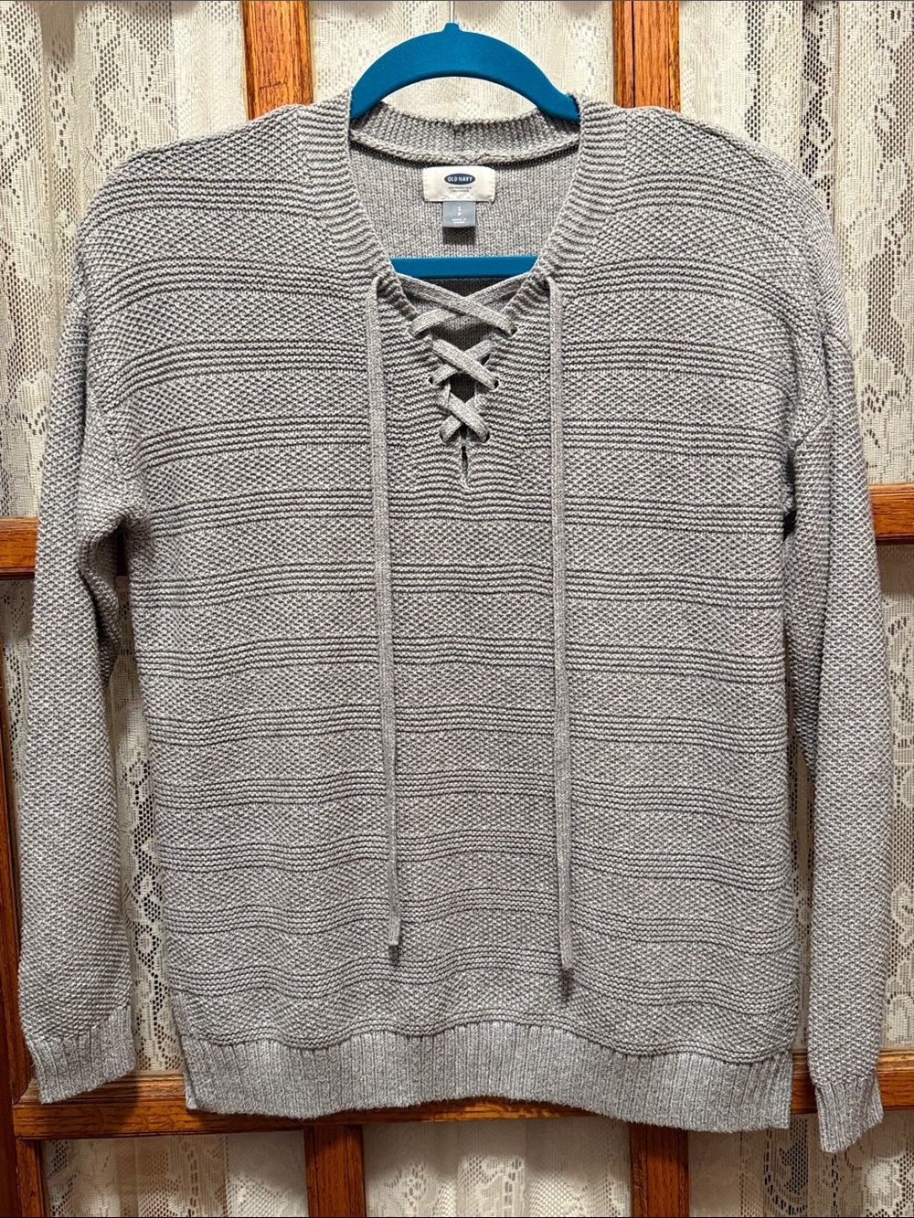 Old Navy Gray Lace-Up V-Neck Knit Sweater